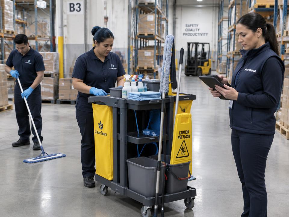 Tim housekeeping gudang dengan supervisor dan checklist digital