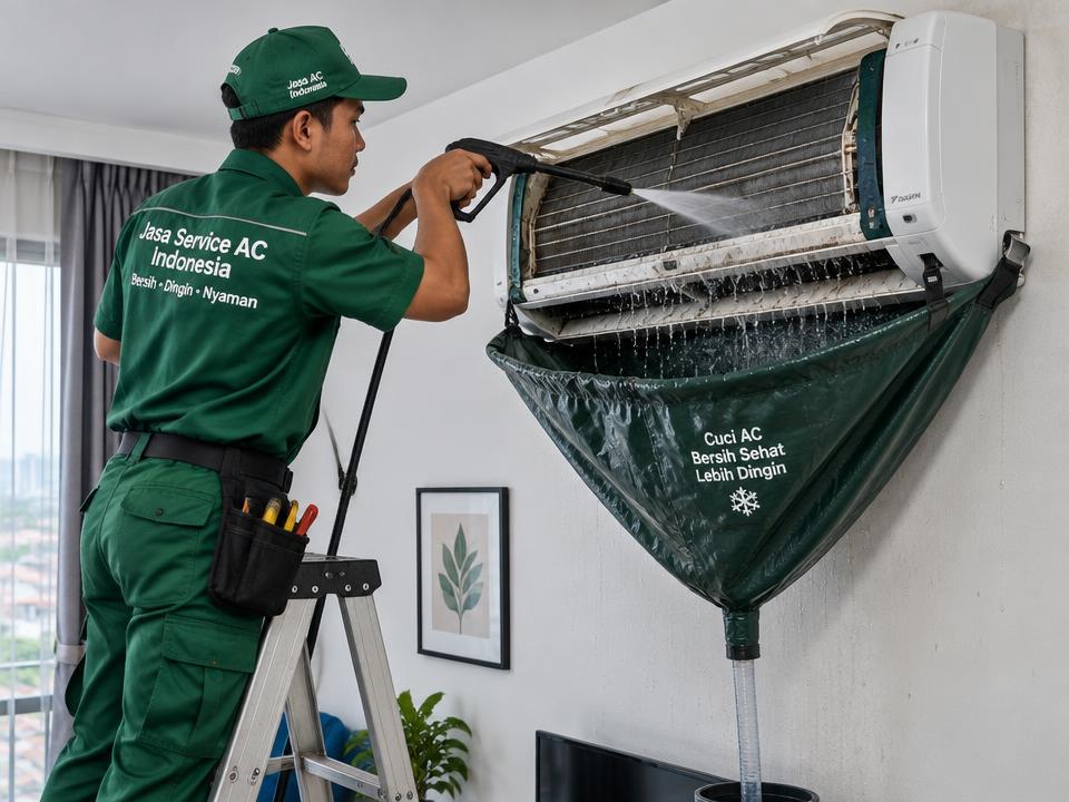 Cuci AC split dengan pressure washer dan kantong penampung air