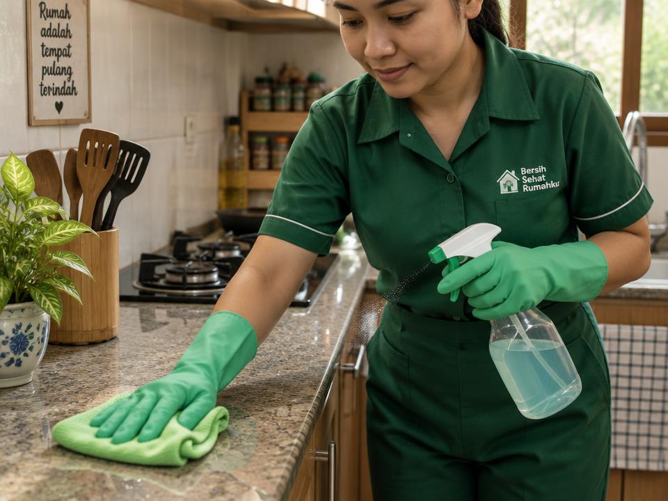 Detail cleaning dapur dengan bahan pembersih food-grade