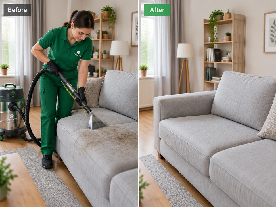 Vacuum deep-clean sofa — hasil sebelum dan sesudah