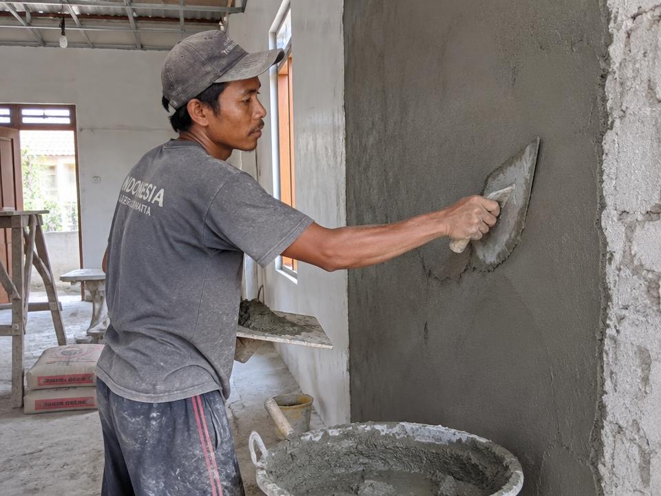 Pengerjaan plester dinding renovasi rumah